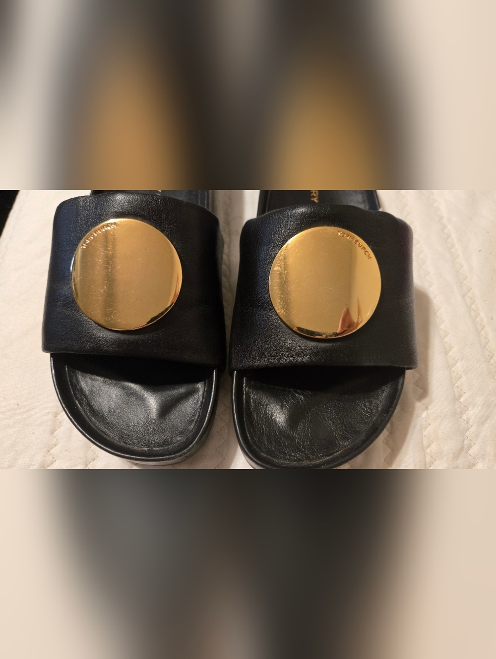 Tory Burch Black Slide Sandals with Gold Medallion - Picture 15 of 16